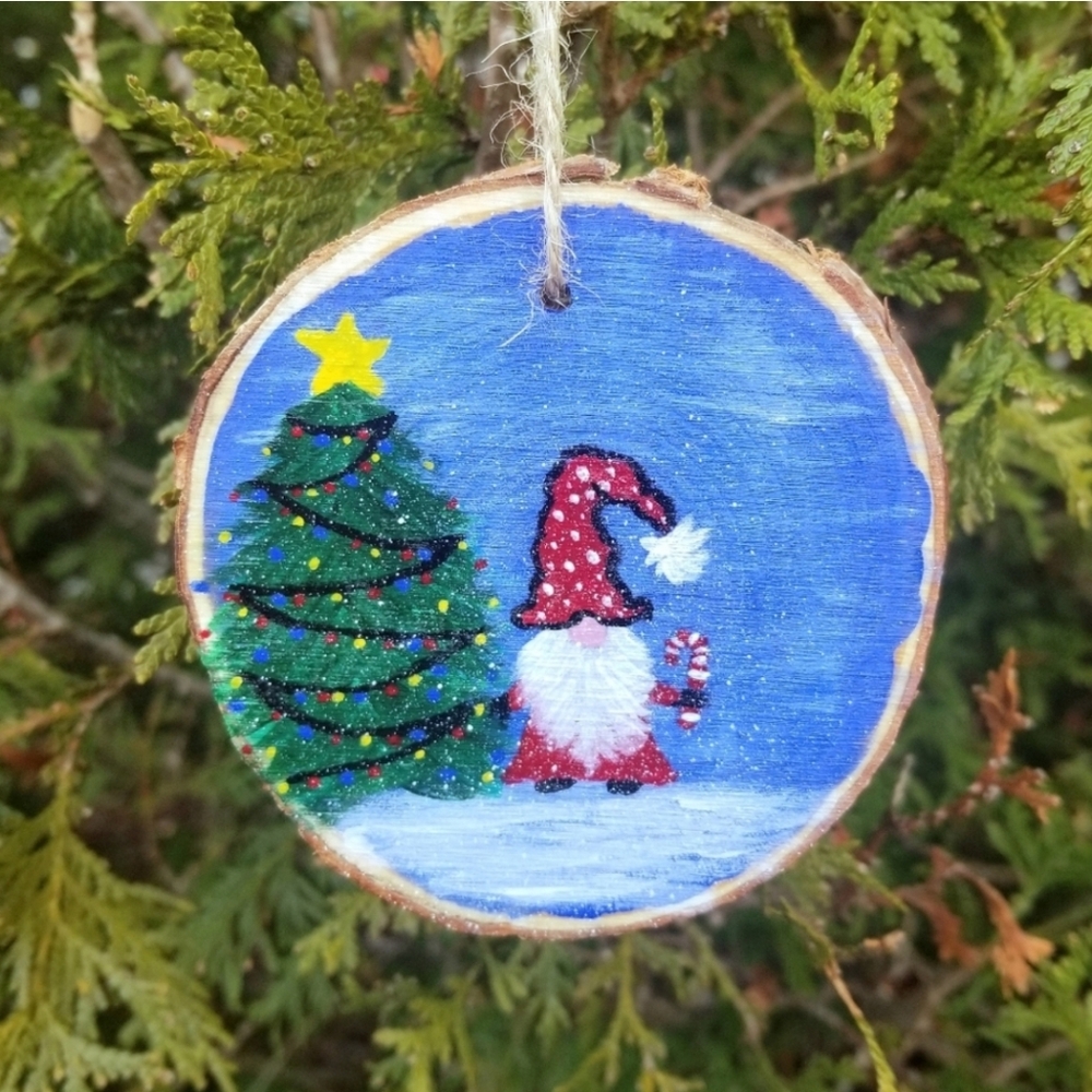 Handpainted Gnome & Tree Wood Ornaments NWOT